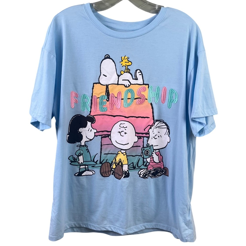 Peanuts Friendship Light Blue Graphic Embroidered T Shirt Snoopy L 12-14